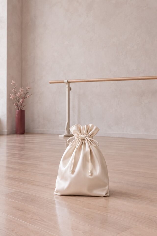 Praline Satin Drawstring Pouch in ivory satin, photographed in the studio.