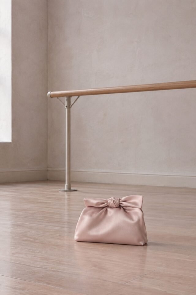 Muguet Satin Bow Clutch in powder blush satin, photographed in the studio.