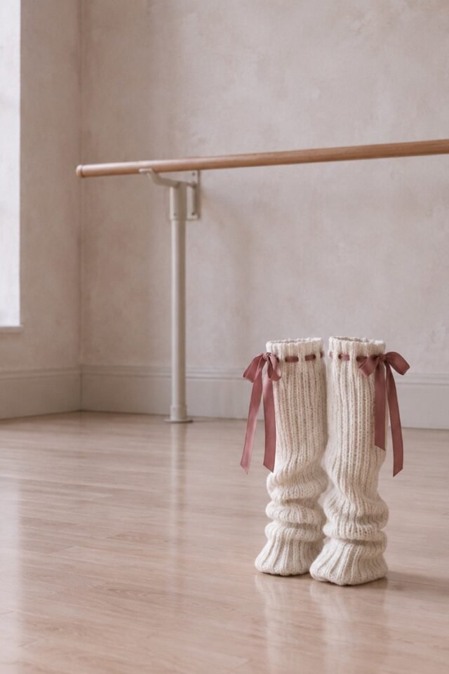 Flocon Ribbon-Tie Leg Warmers in warm off-white, photographed in the studio.