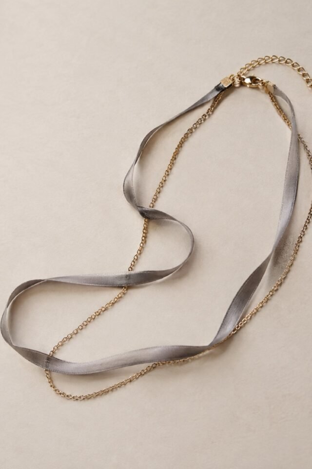 Lacet Ribbon and Chain Layered Necklace in ash grey, laid flat.