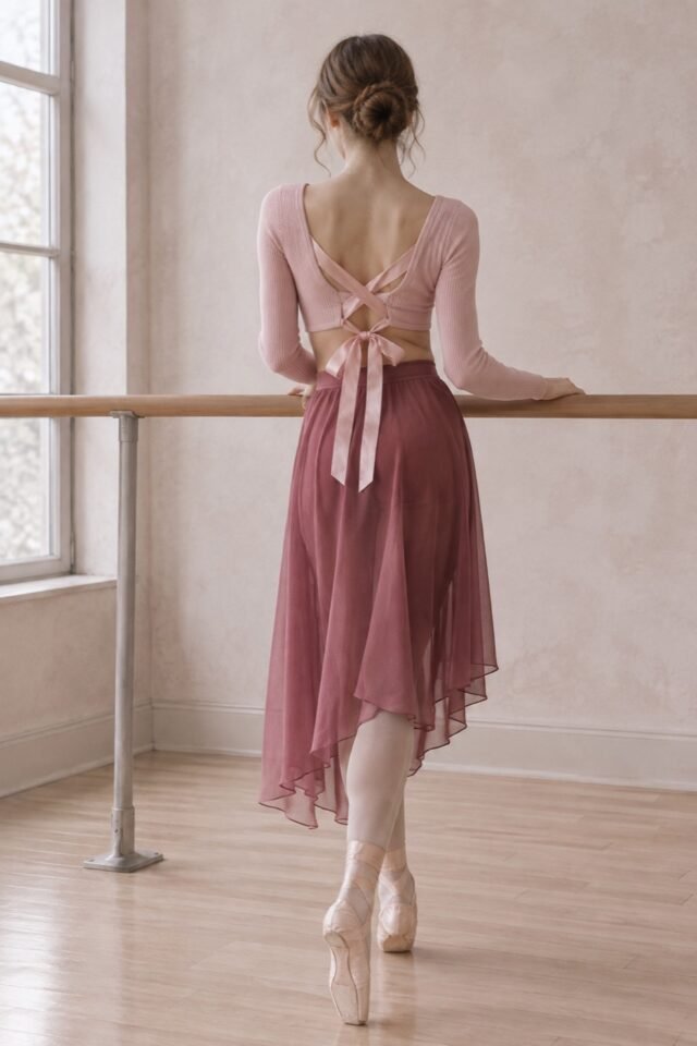 Ruban Crossed-Back Ribbon Top in blush pink, worn at the barre.