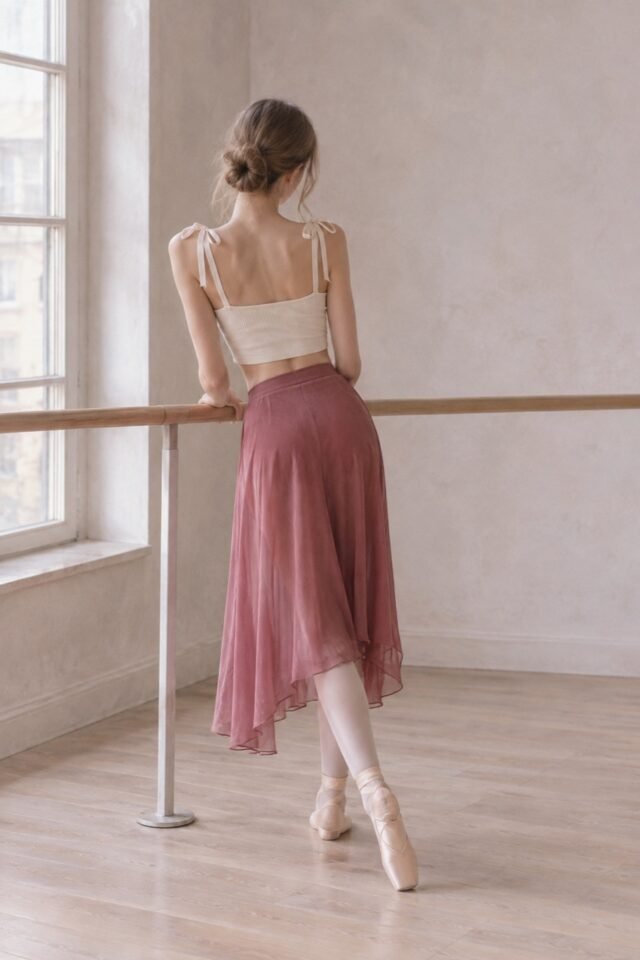 Noelle Square-Neck Ribbon Tie Top in ivory, worn at the barre.