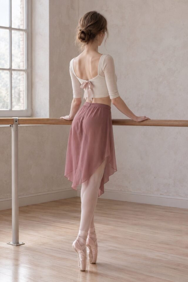 Pastille Bow-Front Rib Top in warm off-white, worn at the barre.