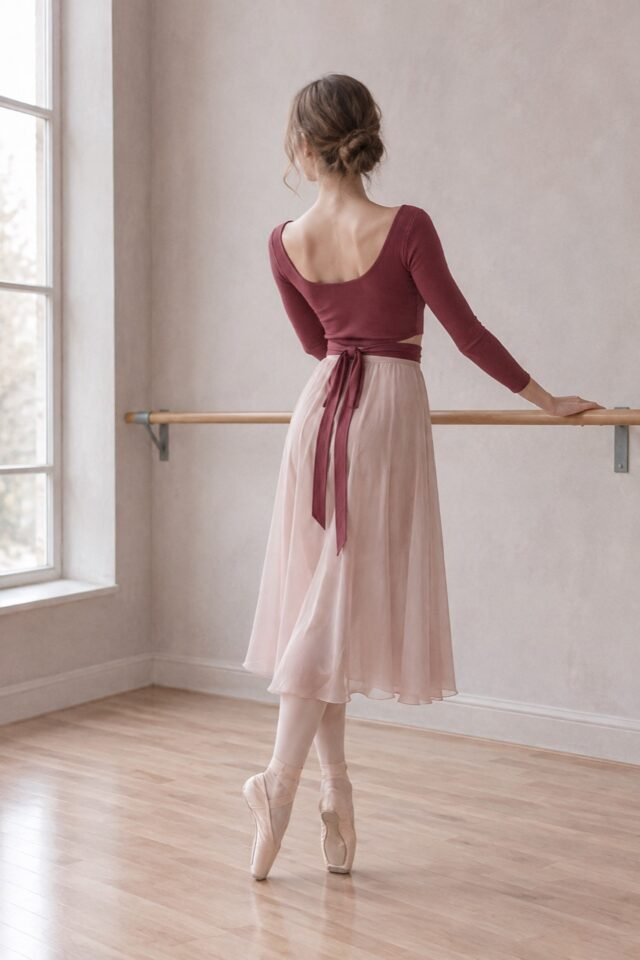 Manon Wrap-Tie Ballet Neck Top in wine rose, worn at the barre.
