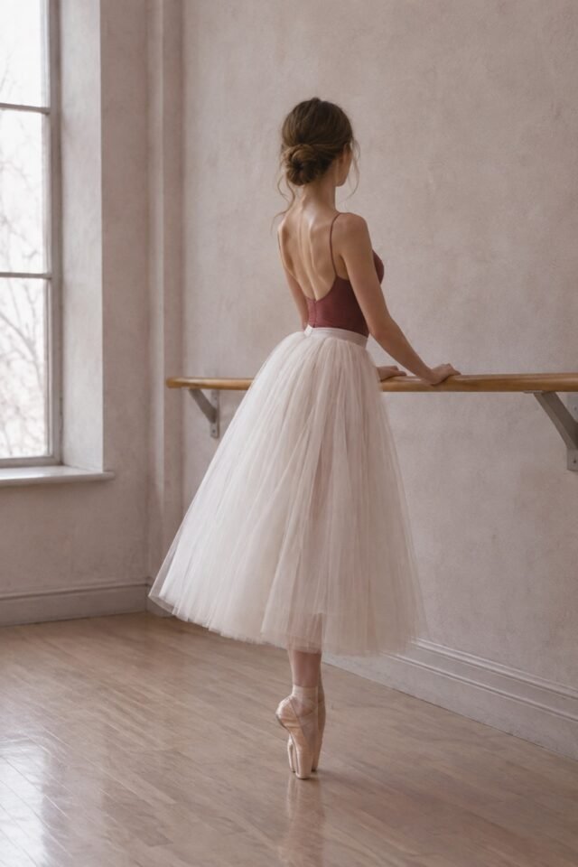 Sylphe Five-Layer Tulle Midi Skirt in ivory, worn at the barre.