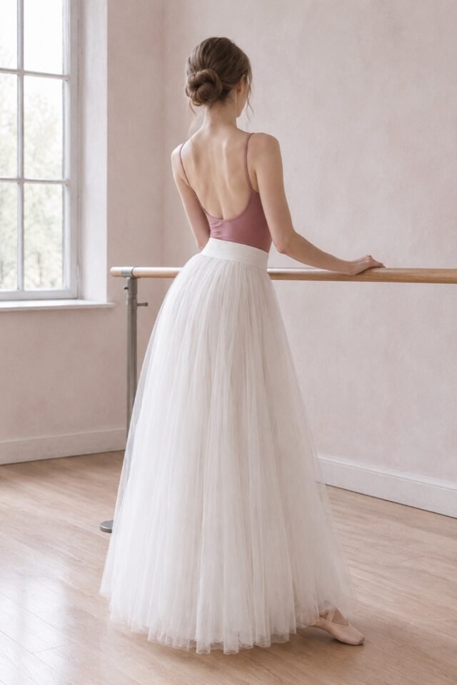 Nuage Seven-Layer Tulle Maxi Skirt in ivory, worn at the barre.