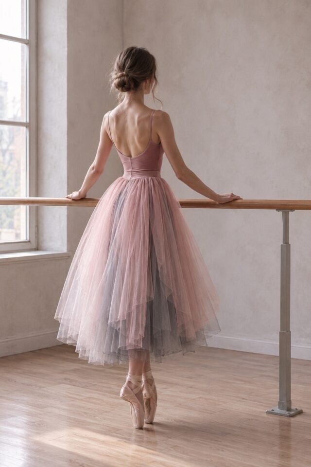 Volière Two-Tone Layered Tulle Skirt in blush over ash grey, worn at the barre.