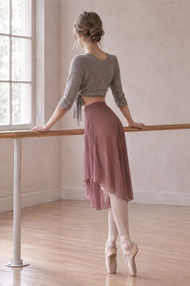 Écharpe Tie-Front Knit Wrap in ash grey, worn at the barre.