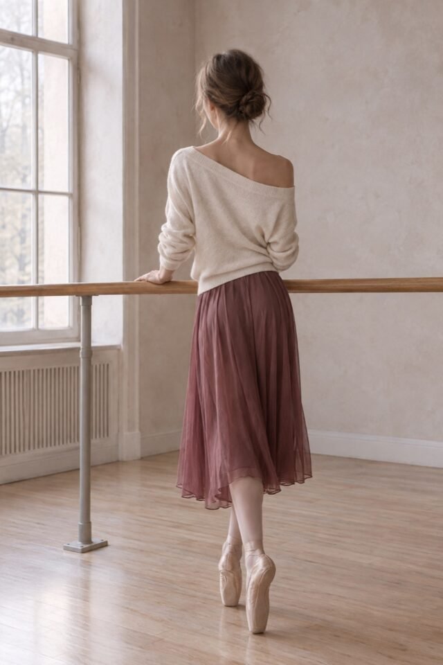 Douce Ballet-Neck Knit Pullover in warm off-white, worn at the barre.