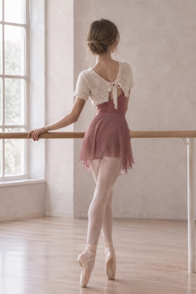 Plume Ribbon-Tie Bolero in ivory, worn at the barre.